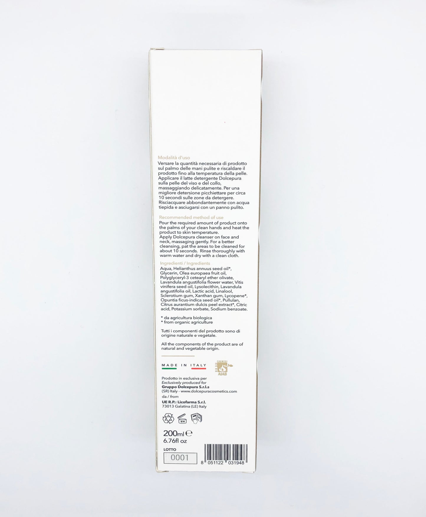 FACE Cleansing Milk "PUREZZA" (with opuntia and lycopene extract). Organic and herbal. For all skin types. Physiological PH 5.5